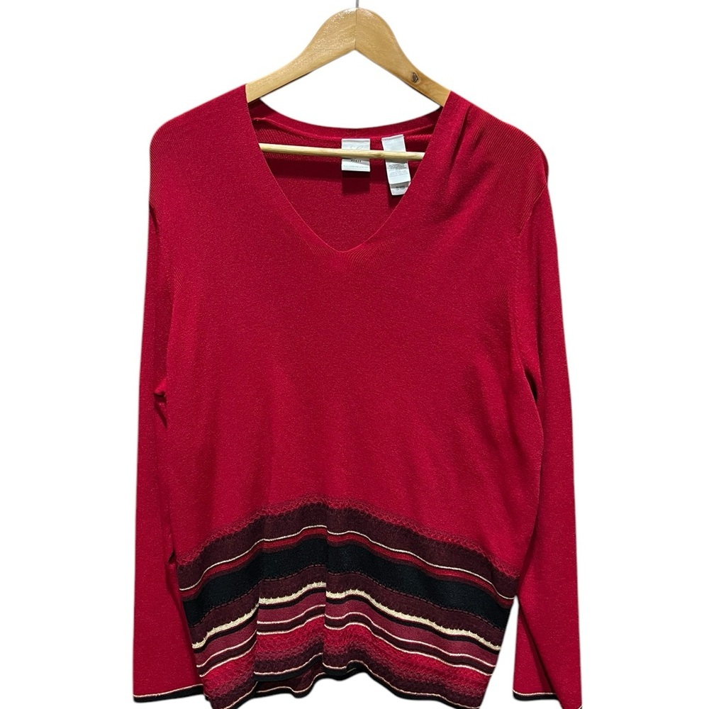 Emma James Sparkly Red Gold Black Cream Stripe V Neck Holiday Sweater Size 2X